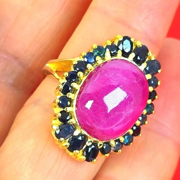 925 Sterling Silver Ring Sz 6.75 with Natural Ruby 1.6x1.3cm & Sapphire Gems - Picture 8 of 14